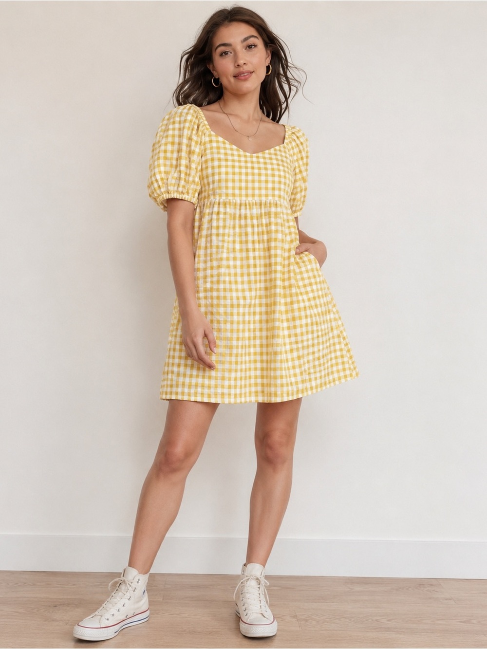 Old Navy Yellow Gingham Puff-Sleeve Mini Dress - Picture 1 of 6